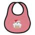 Red and white striped baby bib with black trim and embroidered bulldog holding a football with a red bow.