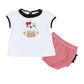 Baby girl ruffle diaper cover set with white bulldog applique top and red striped diaper cover with black back ruffles.