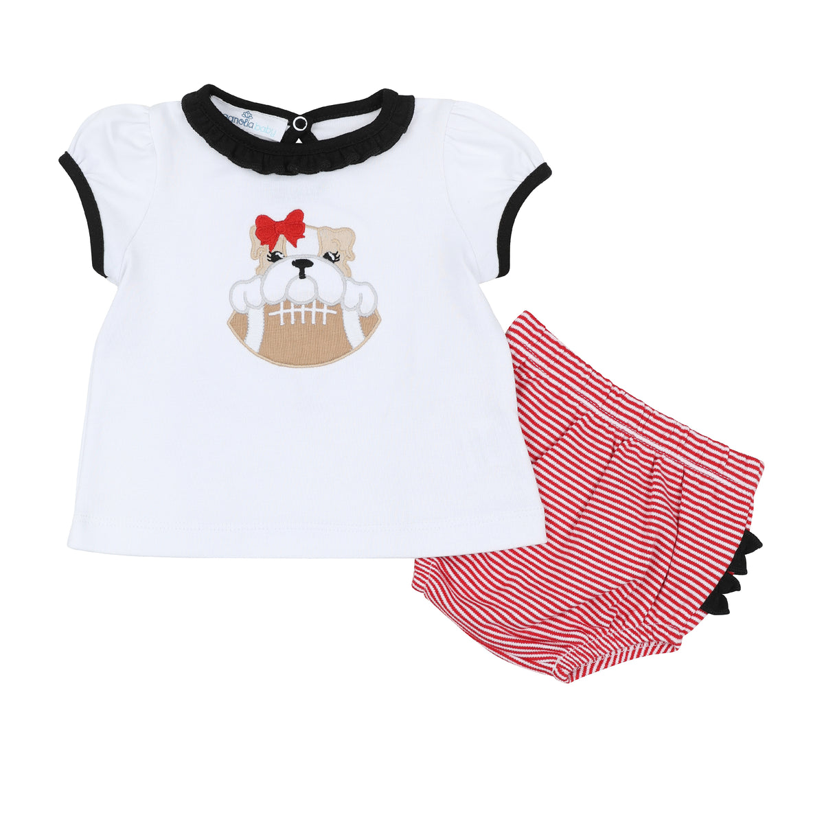 Baby girl ruffle diaper cover set with white bulldog applique top and red striped diaper cover with black back ruffles.