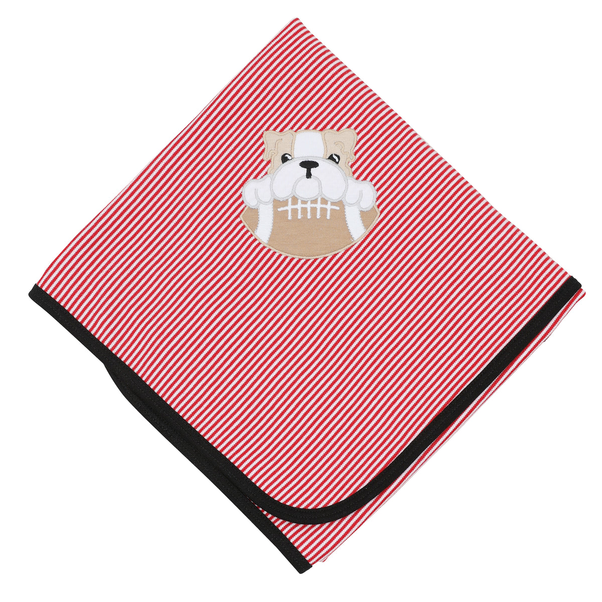 Red and white striped baby boy blanket with black trim and embroidered bulldog holding a football.
