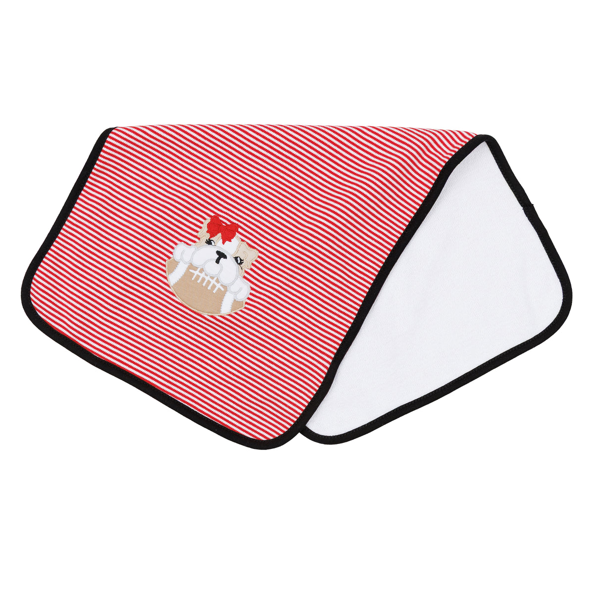 Red and white striped baby burp cloth with black trim, white reverse side, and embroidered bulldog holding a football with a red bow.