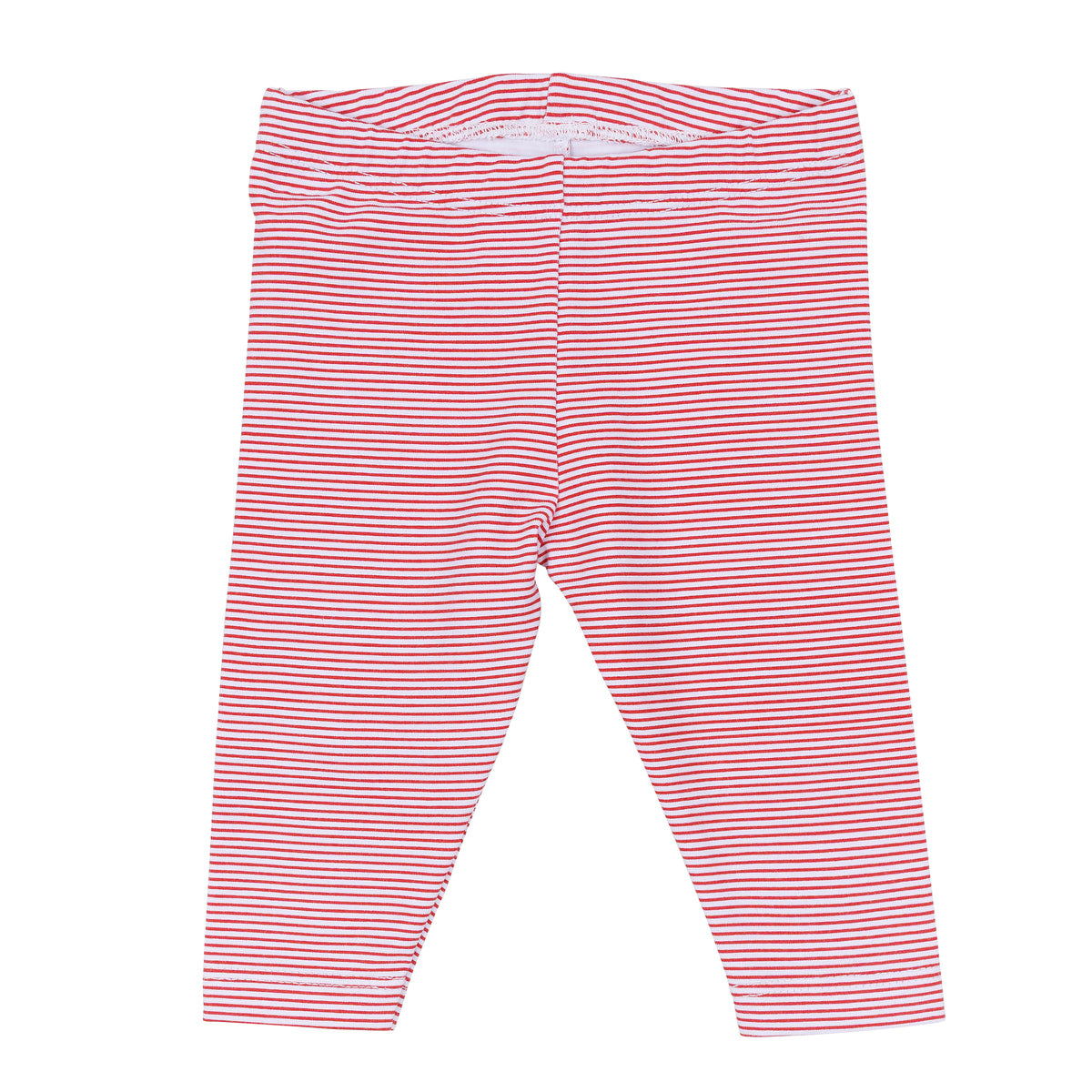 Red and white striped baby girl leggings with a pull-on waistband and slim leg silhouette.