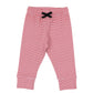 Red and white striped baby boy joggers with gathered waistband and black bow detail.