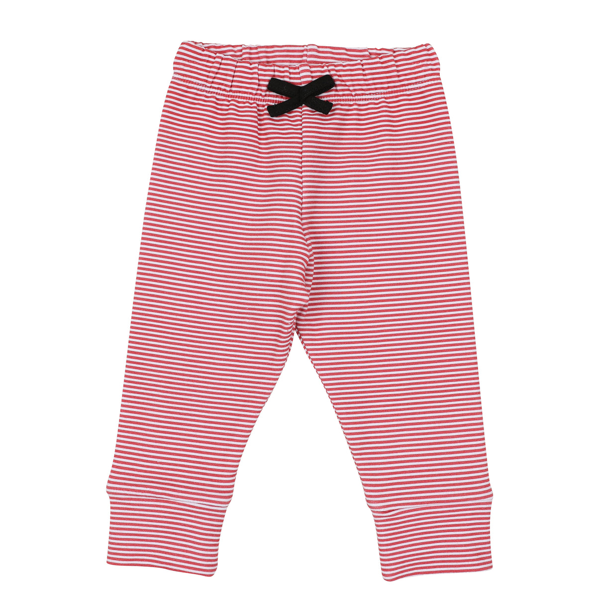 Red and white striped baby boy joggers with gathered waistband and black bow detail.