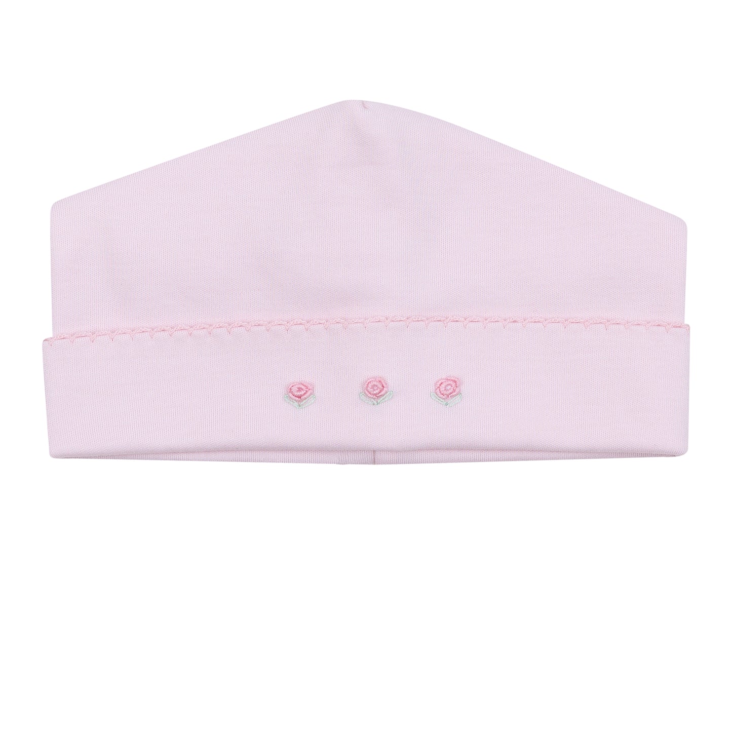 Pink hat with three small pink flowers on a white background