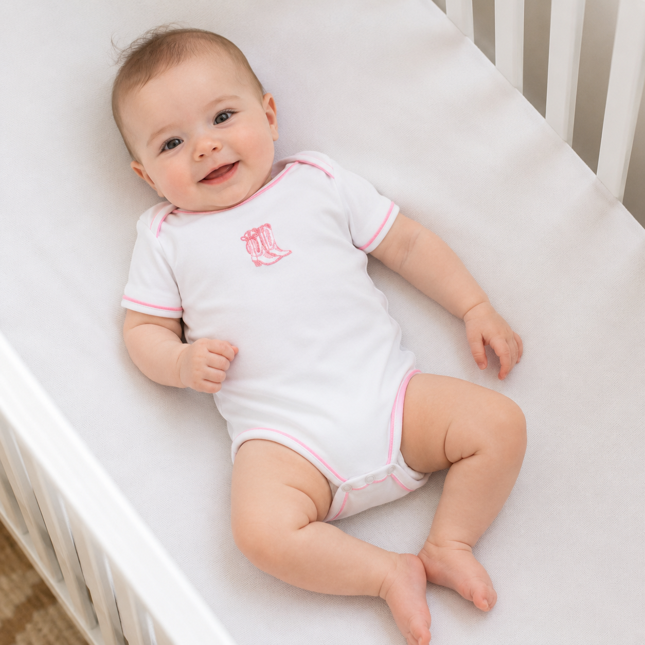 Darling Cowboy Boots Hand-Embroidered Bodysuit - Pink