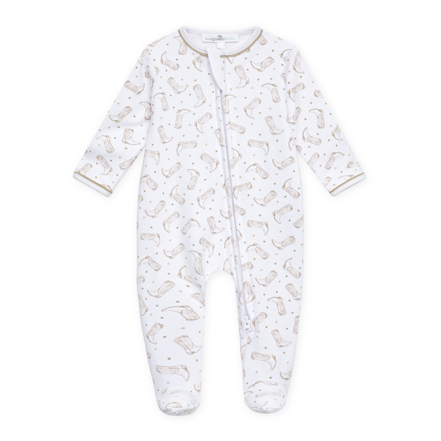 Darling Cowboy Boots Print Zip Footie - Ivory