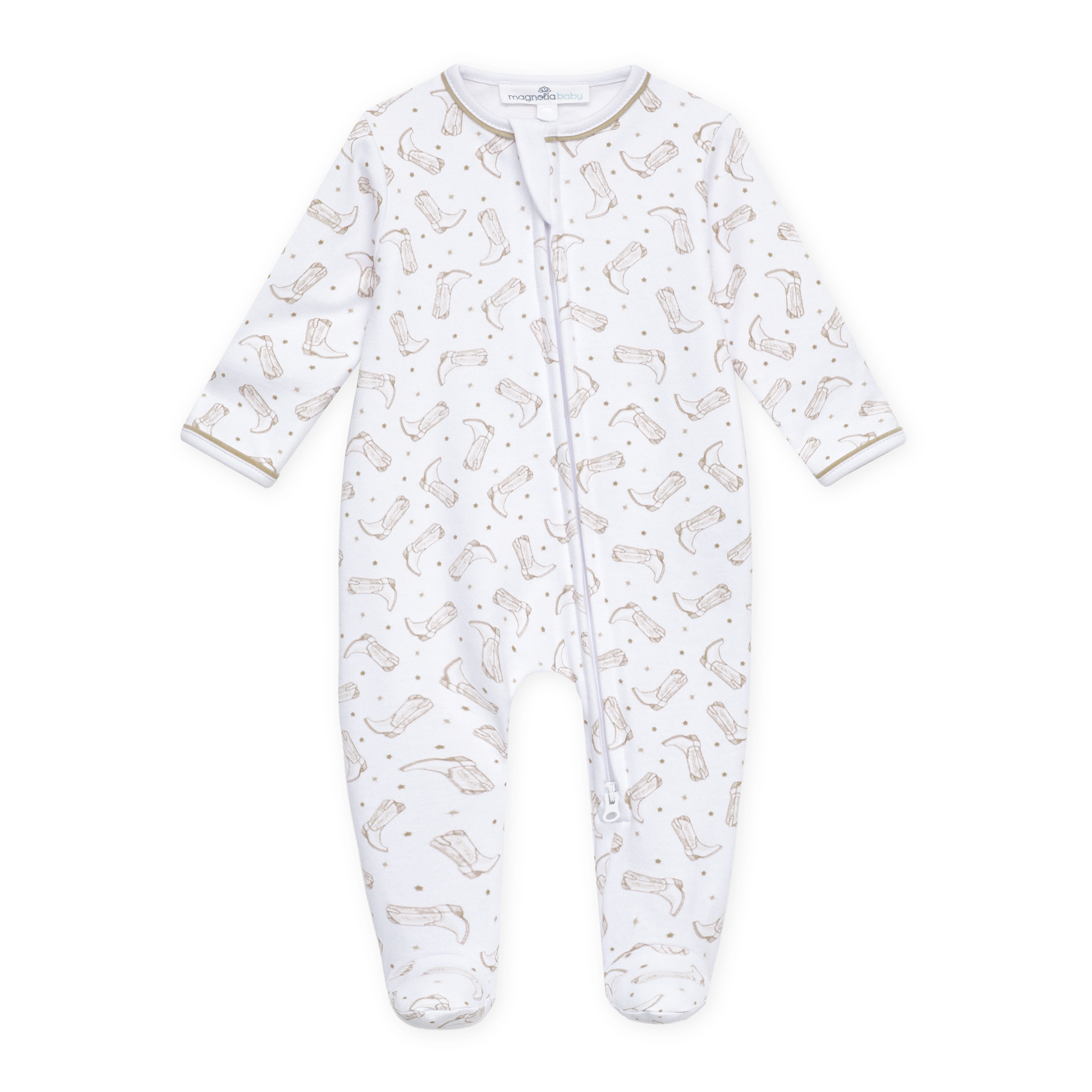 Darling Cowboy Boots Print Zip Footie - Ivory