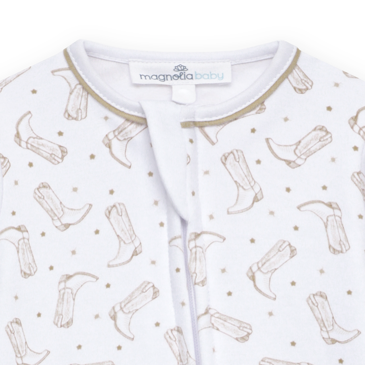 Darling Cowboy Boots Print Zip Footie - Ivory