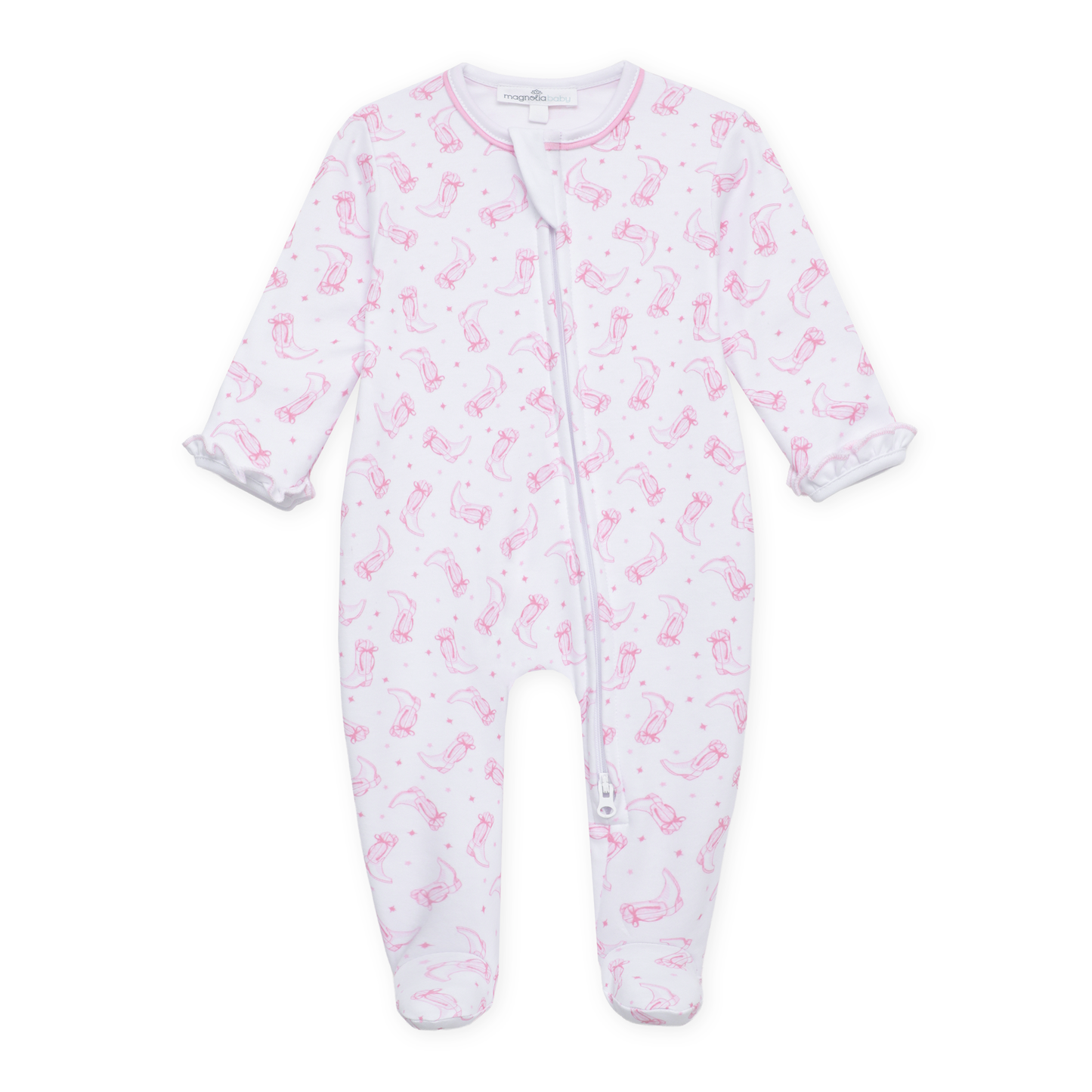 Darling Cowboy Boots Print Ruffle Zip Footie - Pink