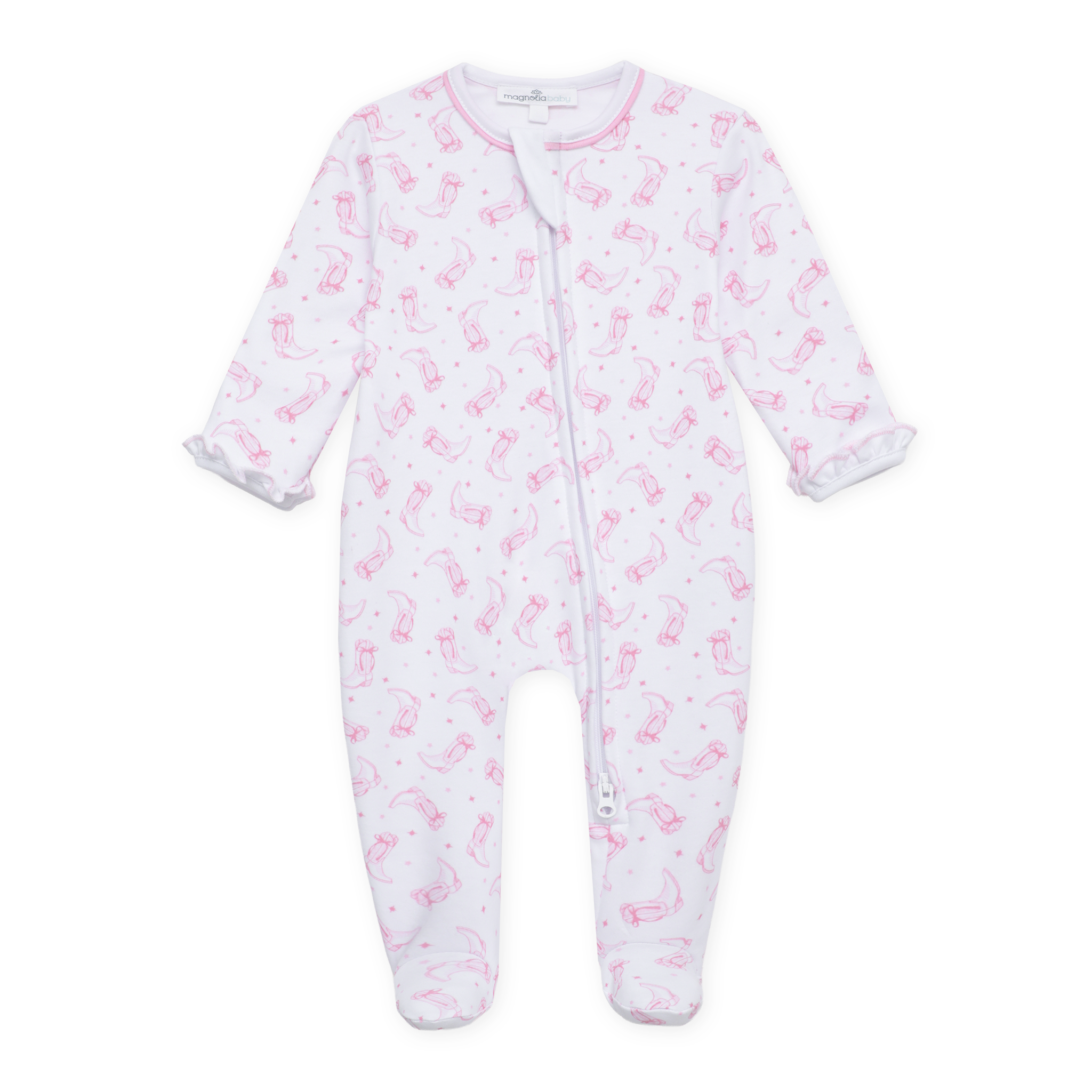 Darling Cowboy Boots Print Ruffle Zip Footie - Pink