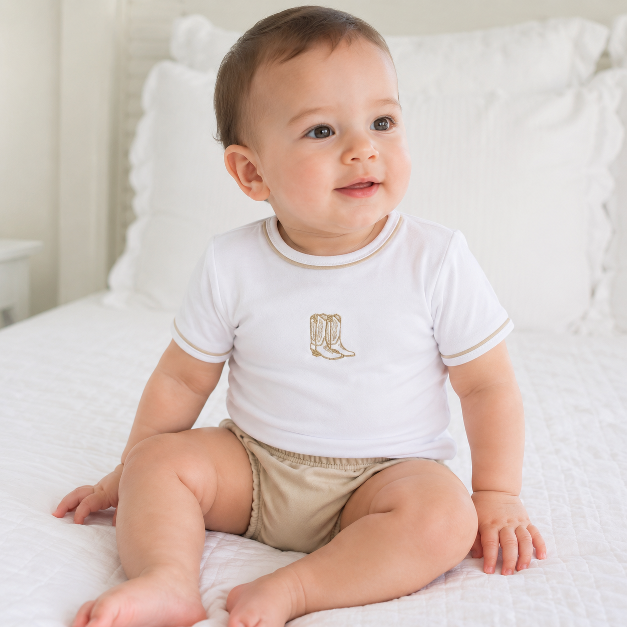Darling Cowboy Boots Hand-Embroidered Diaper Cover Set - Ivory