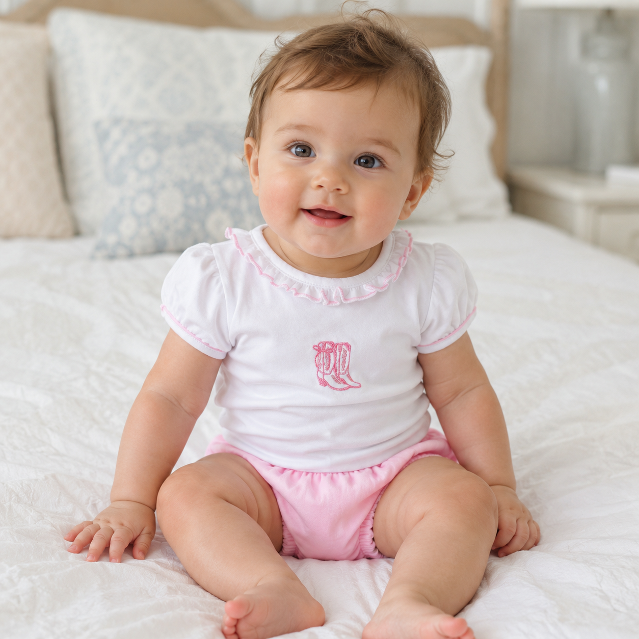 Darling Cowboy Boots Hand-Embroidered Ruffle Diaper Cover Set