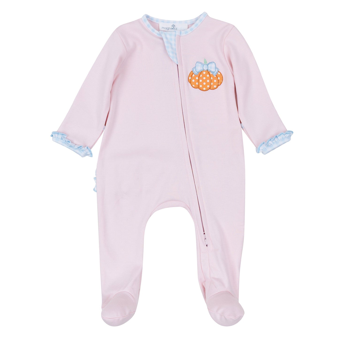Bowtique Pumpkin Applique Ruffle Zip Footie - Magnolia Baby Girl
