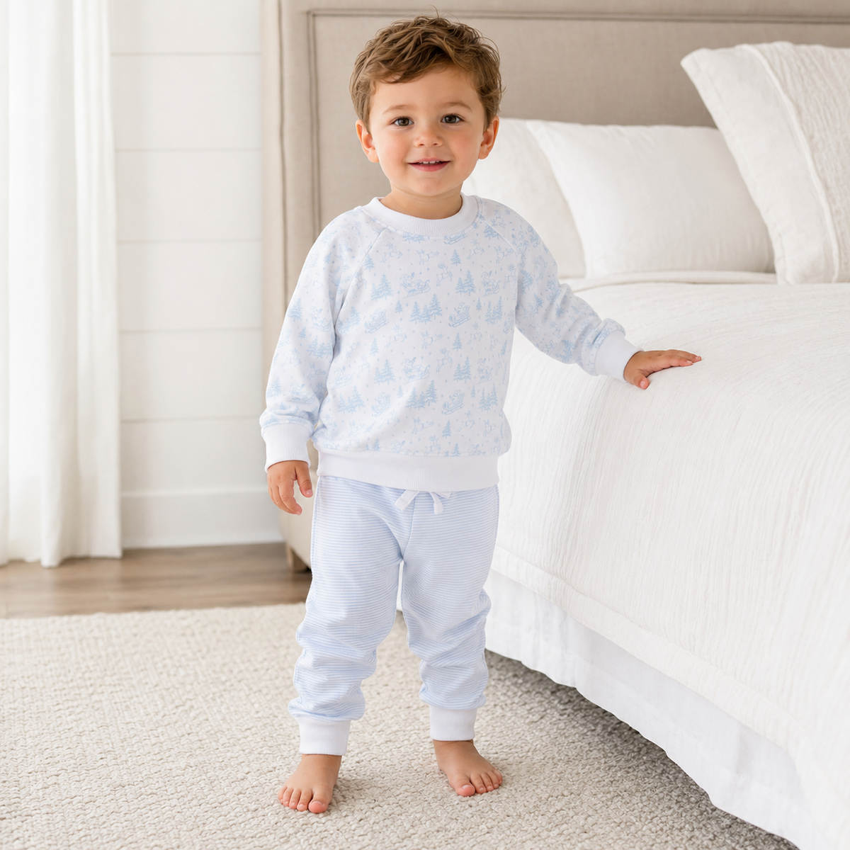 Holiday Toile Pullover Sweatshirt - White Light Blue