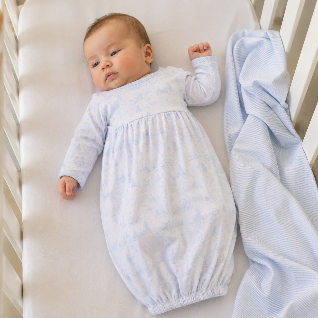 Holiday Toile Gathered Gown - Light Blue