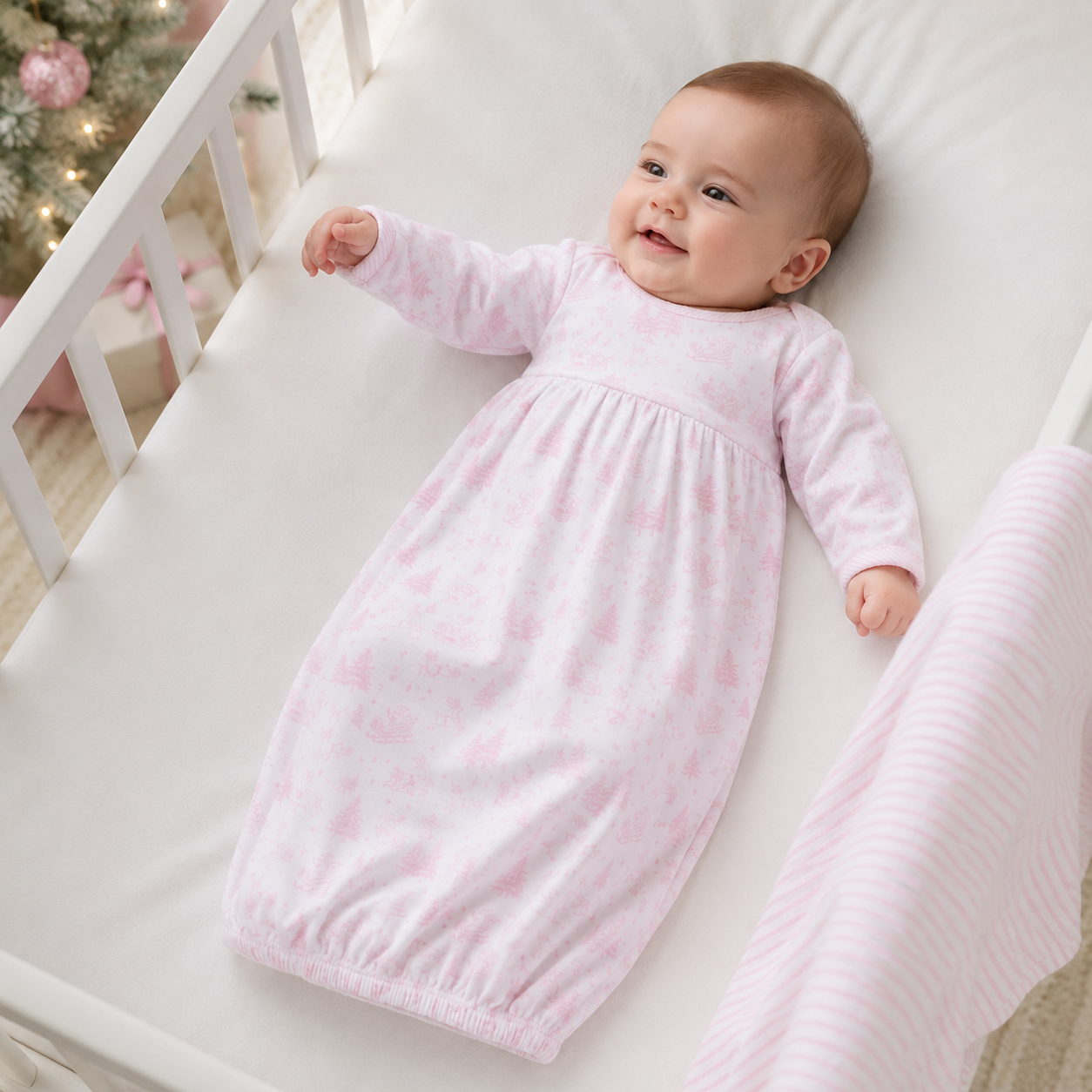 Holiday Toile Gathered Gown - Pink