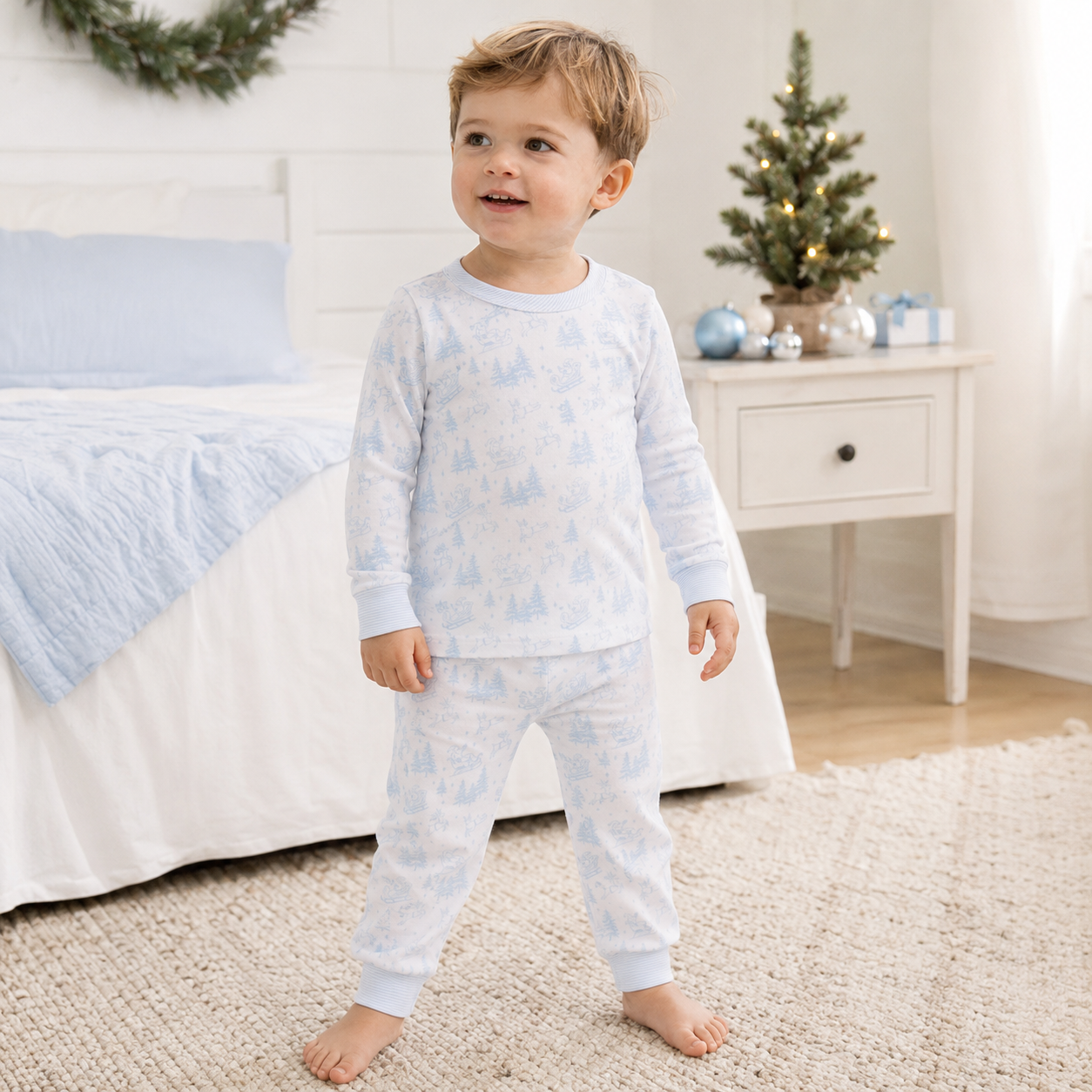 Holiday Toile Long Pajamas - Light Blue