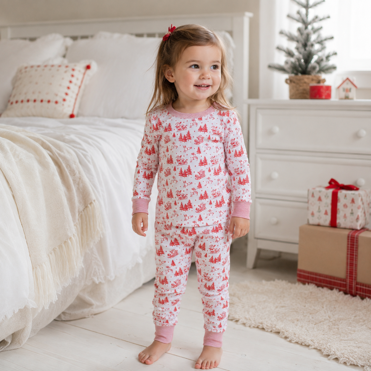 Holiday Toile Long Pajamas - Red