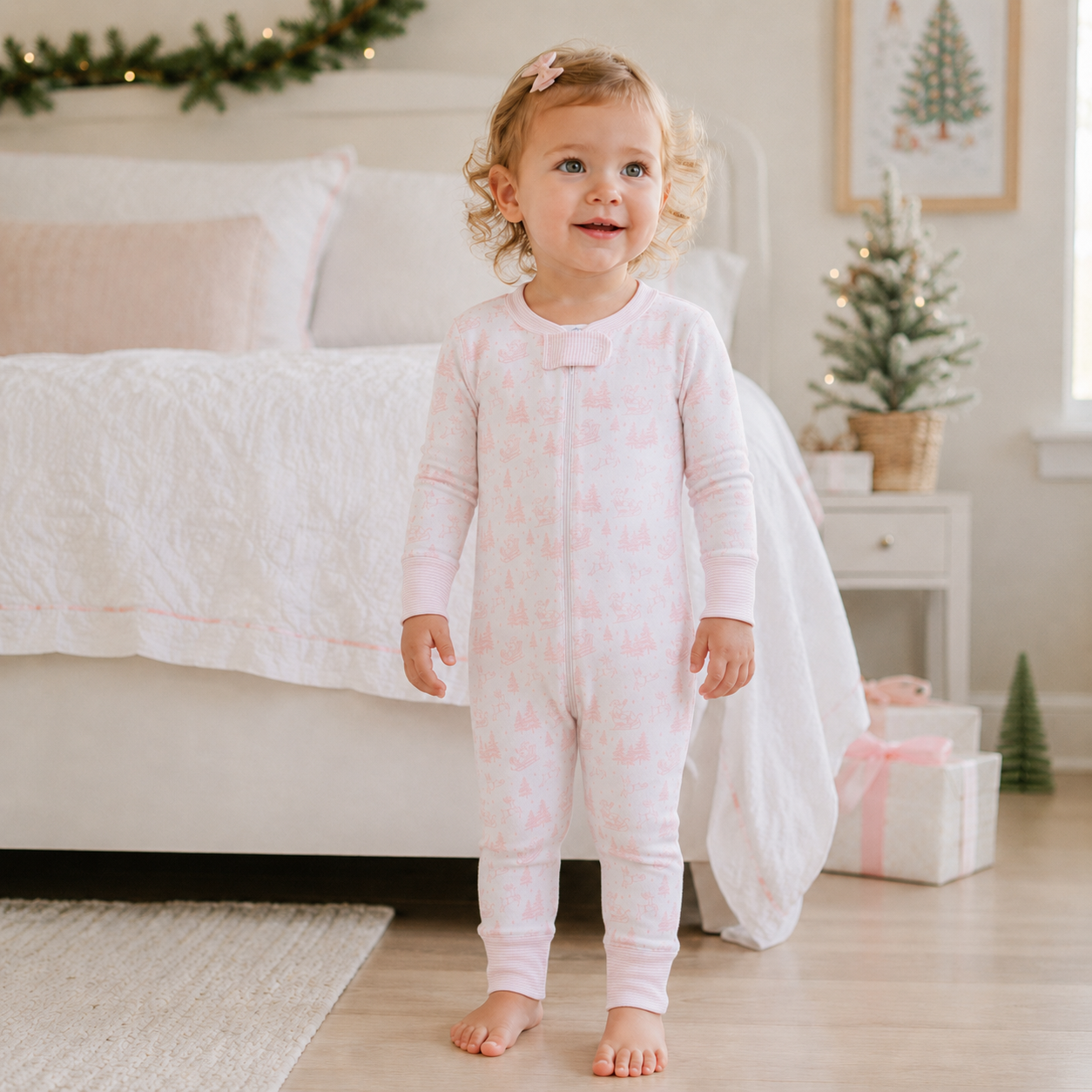 Holiday Toile Zip Pajamas - Pink