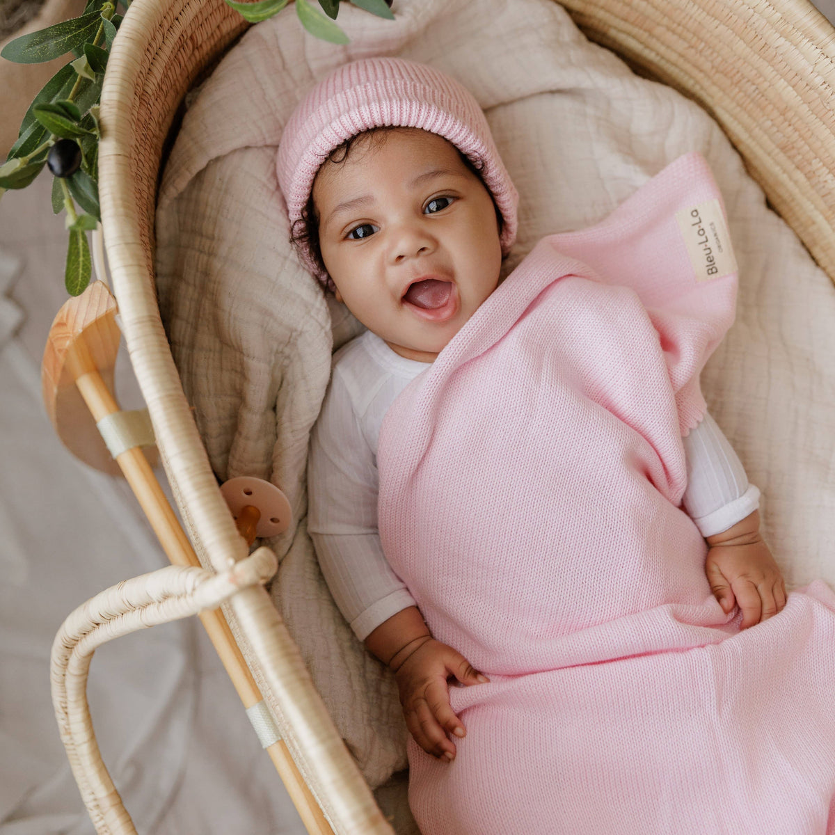 Organic Cotton Knit Blanket + Hat Gift Set - Blush Pink
