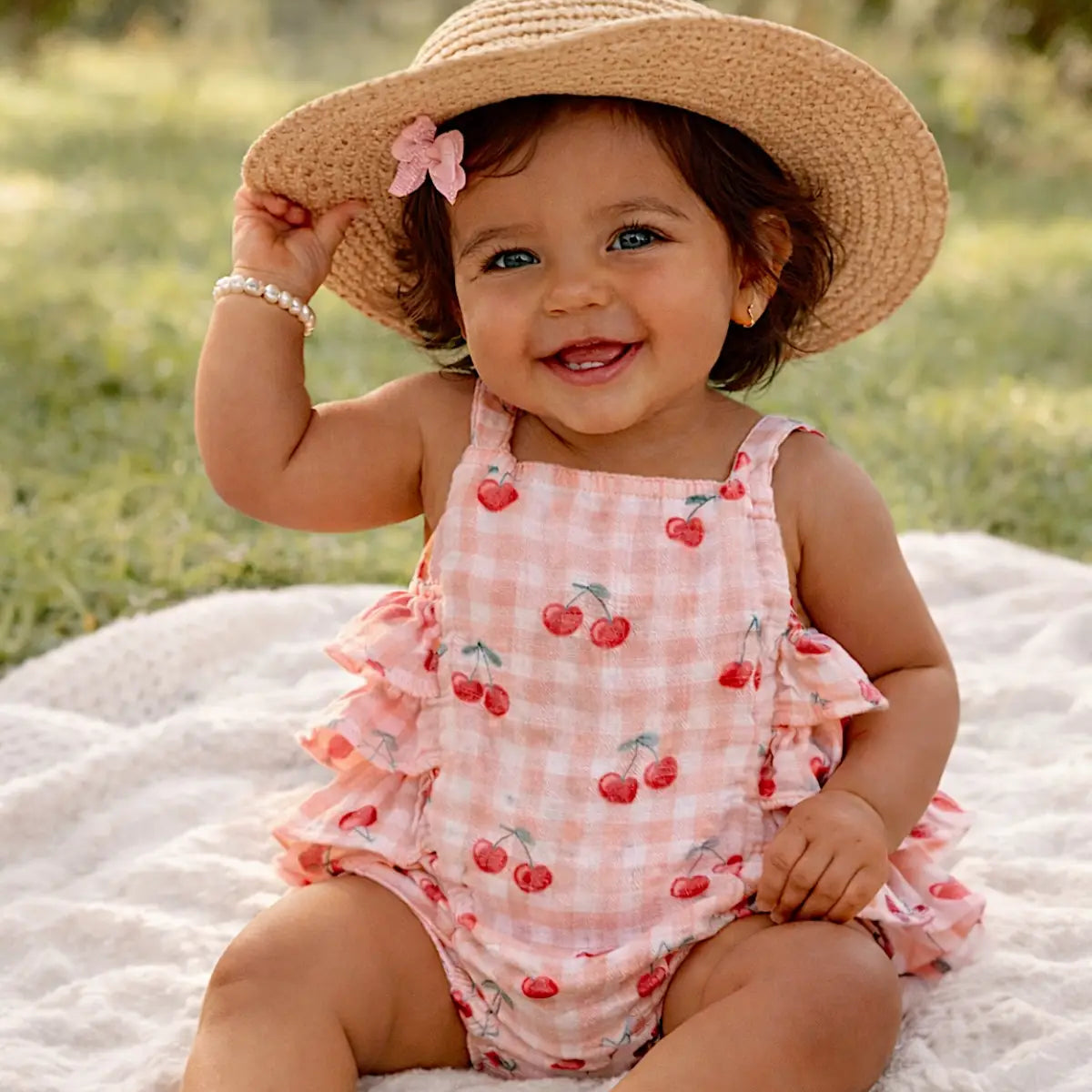 Muslin Ruffle Sunsuit - Gingham Cherries