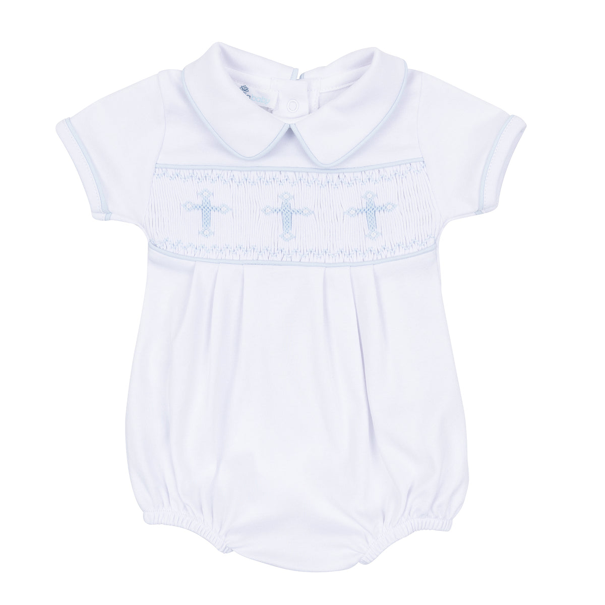 Forever Blessed Smocked Bubble - White Light Blue - Magnolia Baby Boy