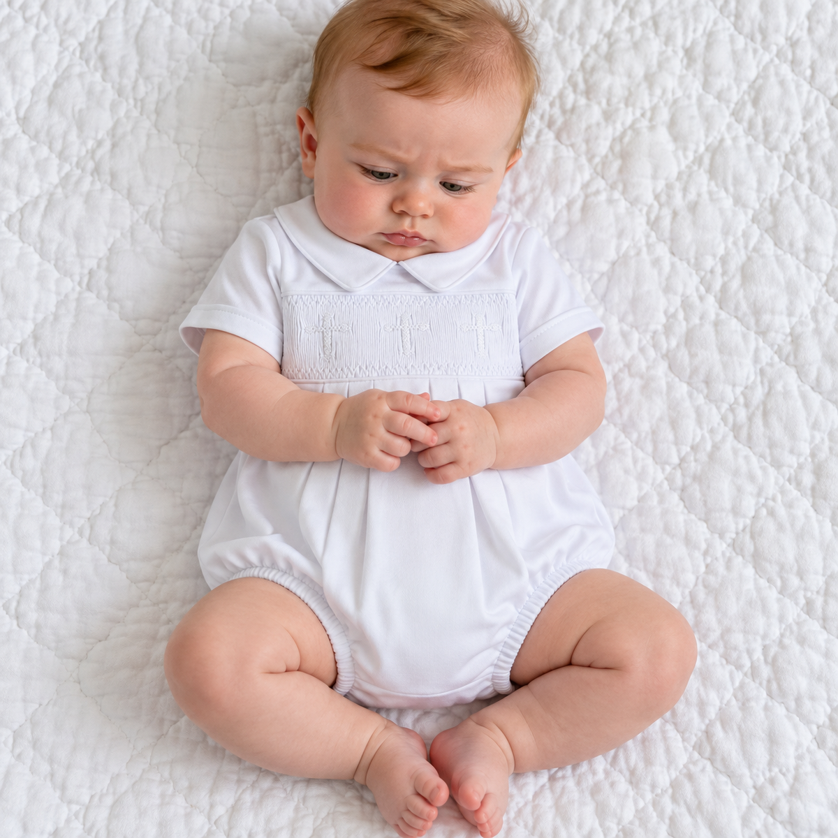 Forever Blessed Smocked Boy Bubble - White