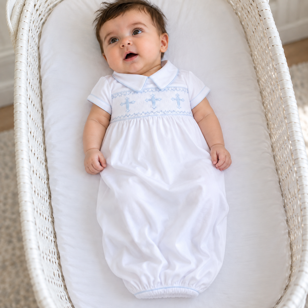 Forever Blessed Smocked Gown - White Light Blue