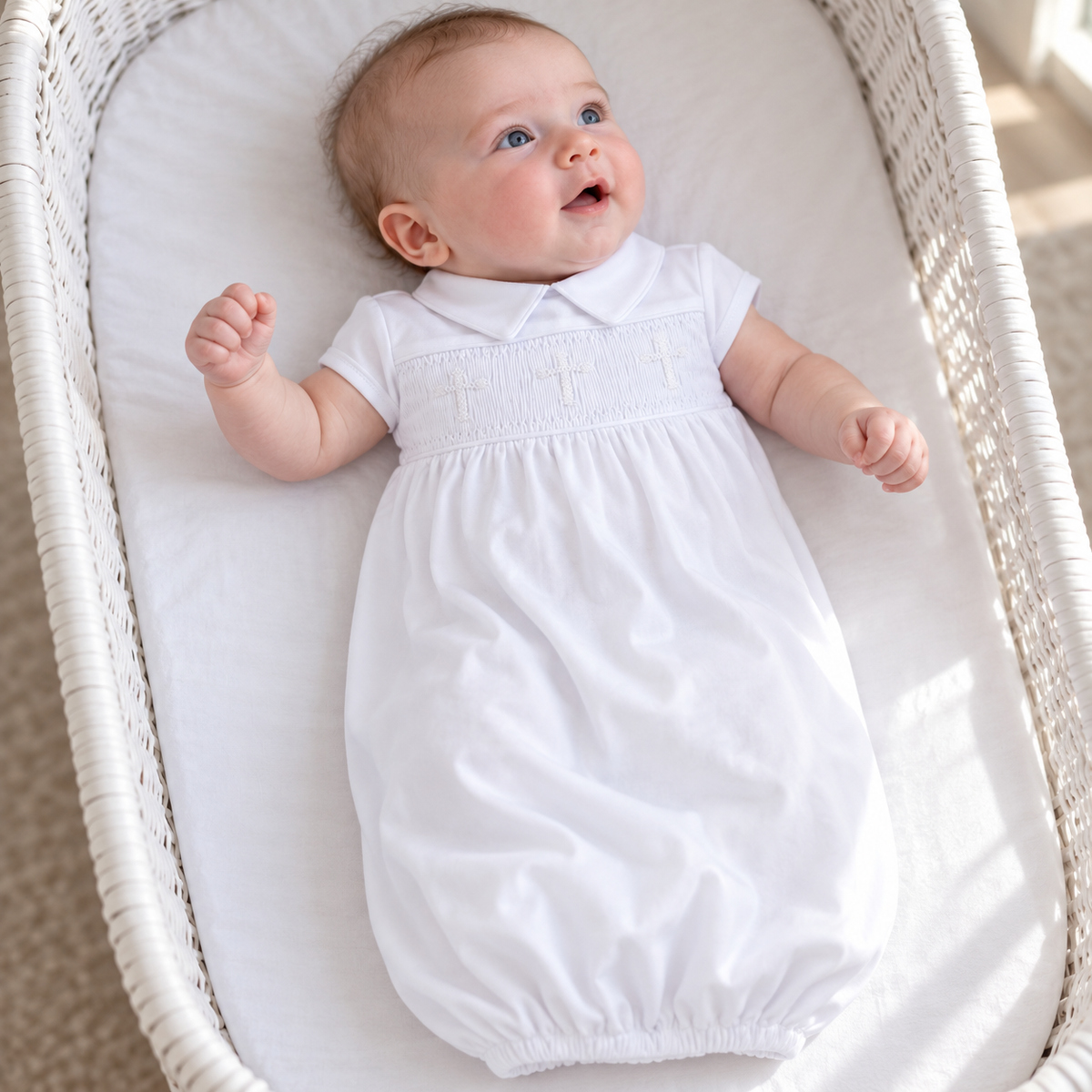 Forever Blessed Smocked Boy Gown - White