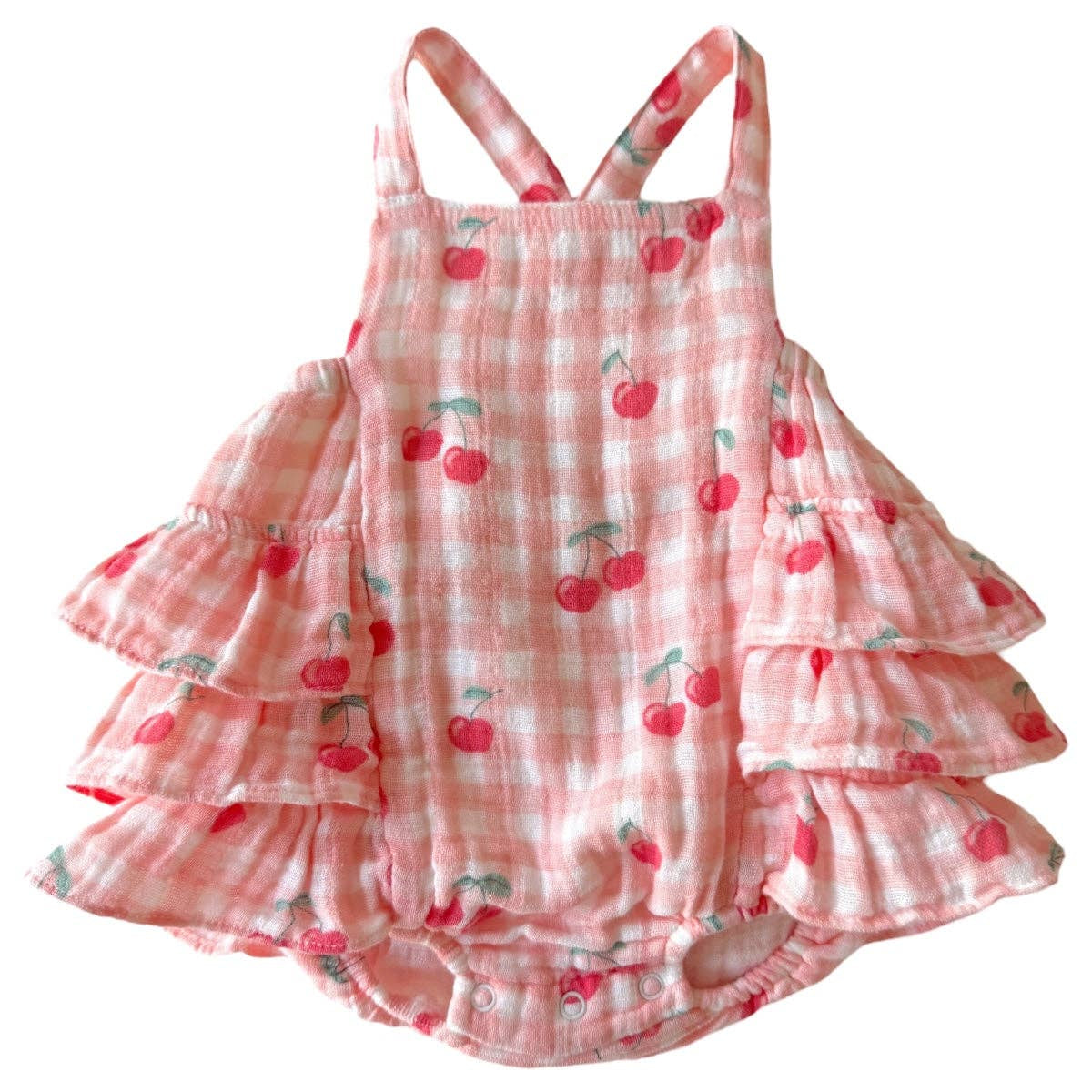 Muslin Ruffle Sunsuit - Gingham Cherries