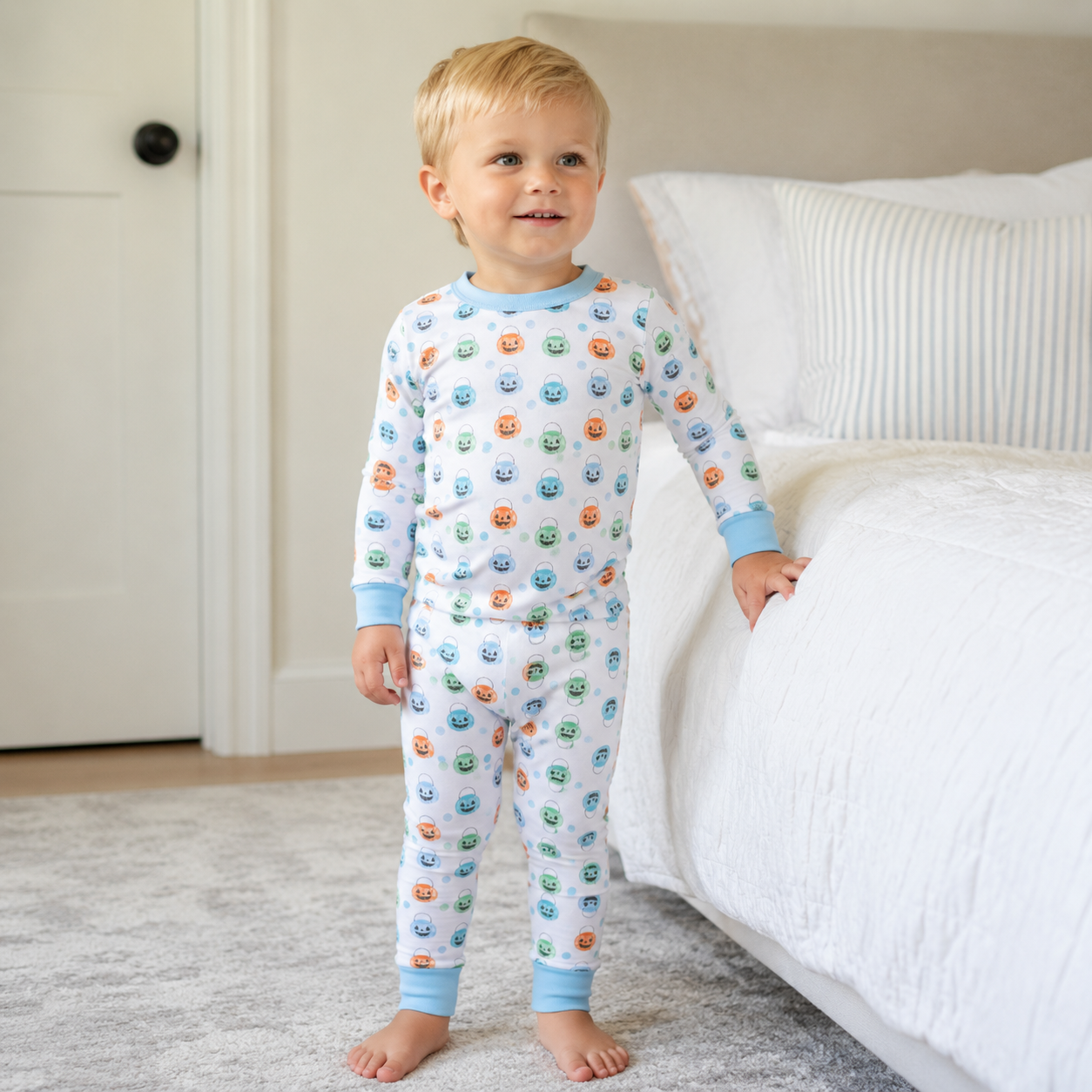Pumpkin Party Long Pajamas - Light Blue