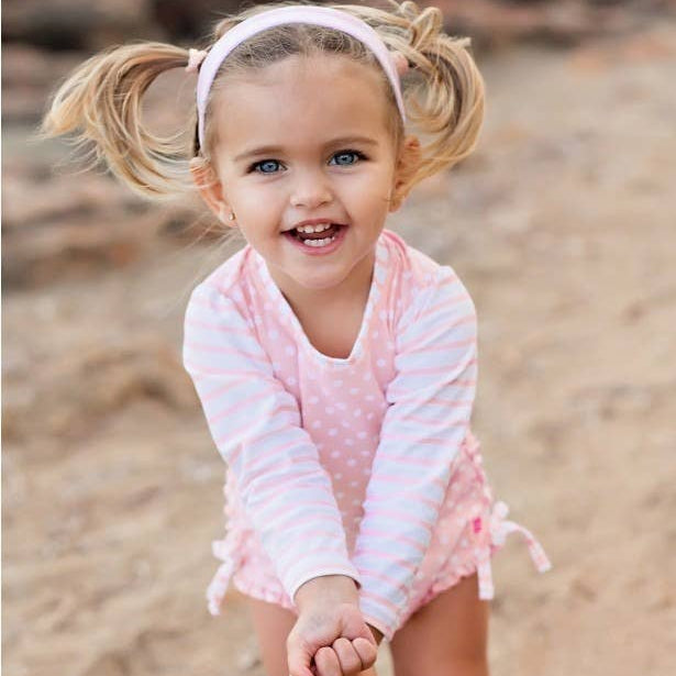 Long Sleeve One Piece Rash Guard Swimsuit - Pink Polka Dot