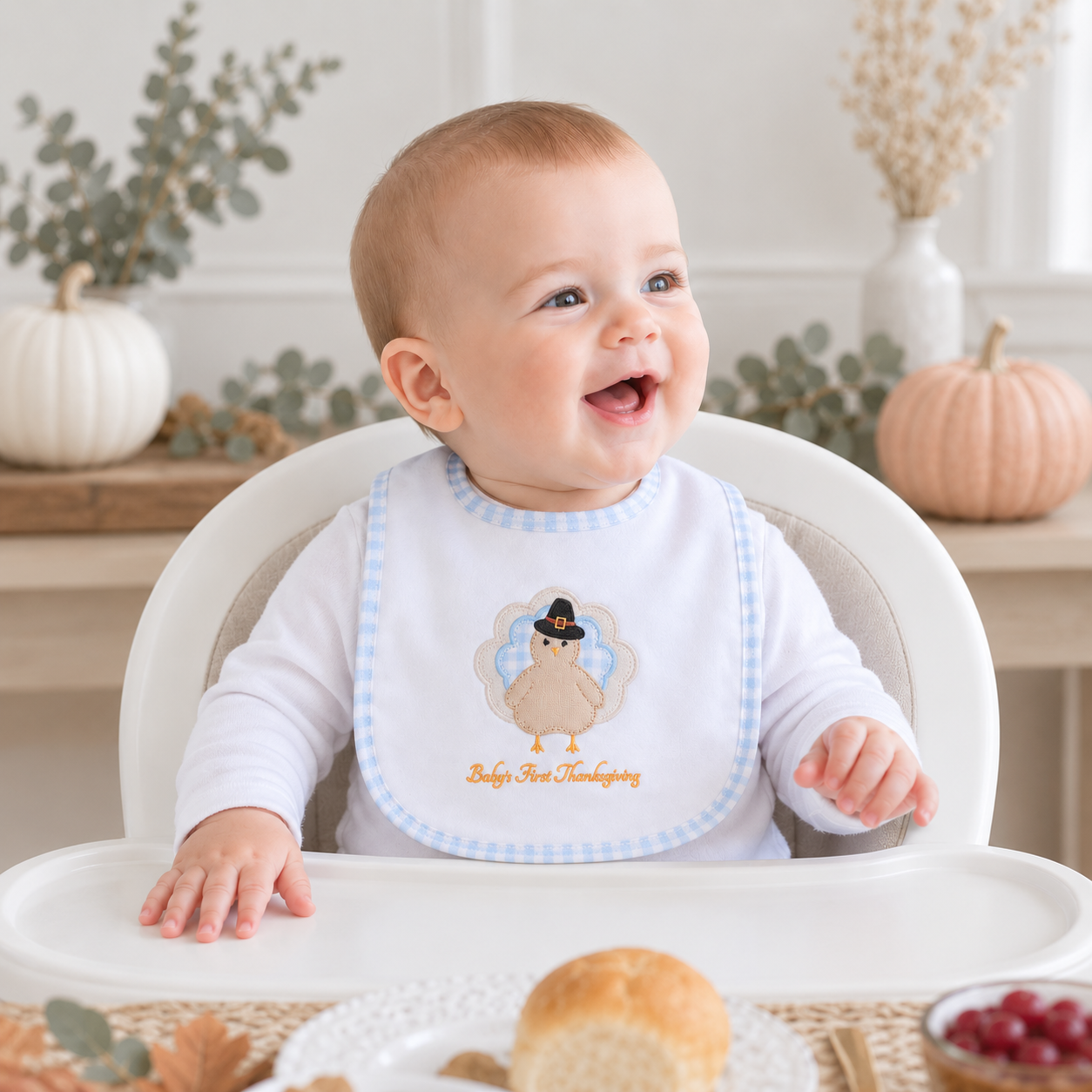 Pilgrim Pals Applique Baby's First Thanksgiving Bib - Light Blue