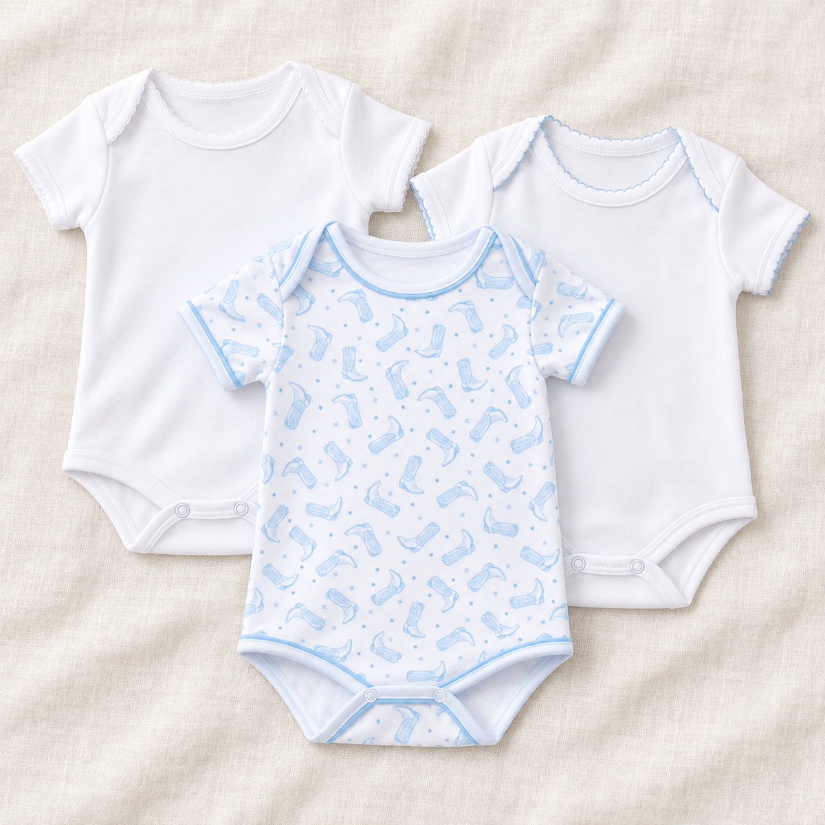 Baby Boy Bodysuit Set - Darling Cowboy Boots + Essentials - Set of 3