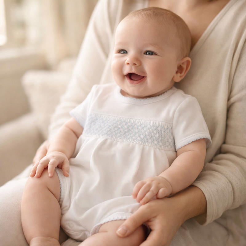 Essentials Smocked Bubble - White with Blue Trim