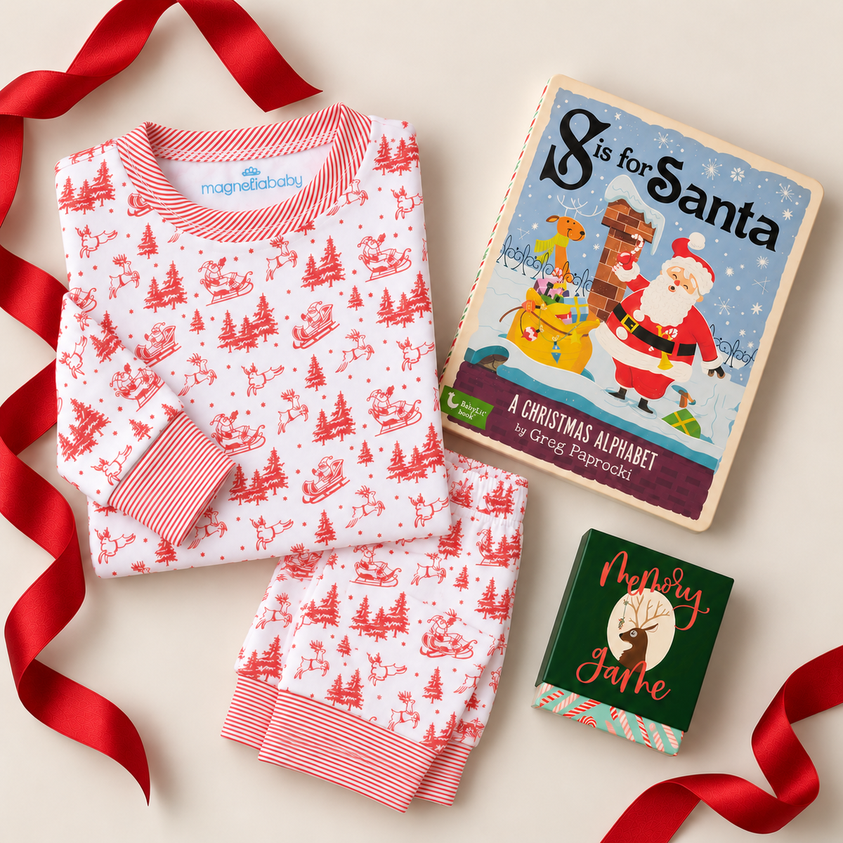 Girl Christmas Pajamas Gift Set - Red Holiday Toile