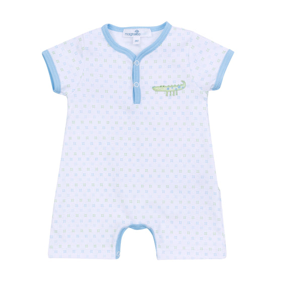 Alligator Pie Embroidered Short Playsuit - Light Blue