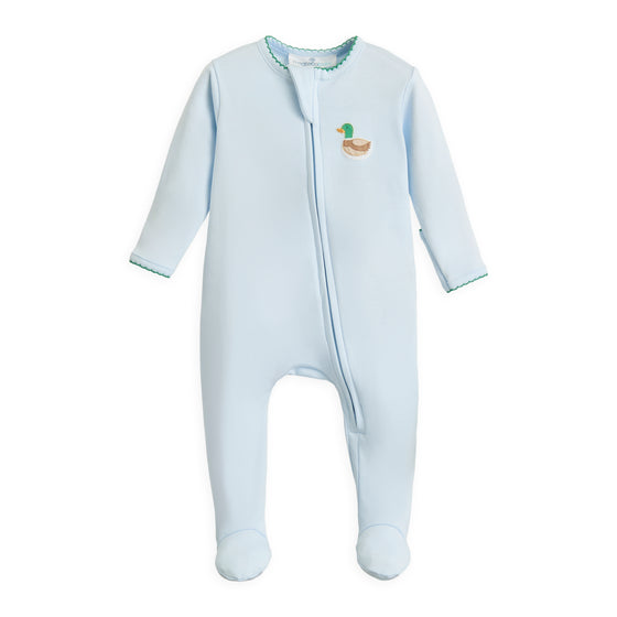 Mini Mallard Embroidered Zip Footie - Light Blue