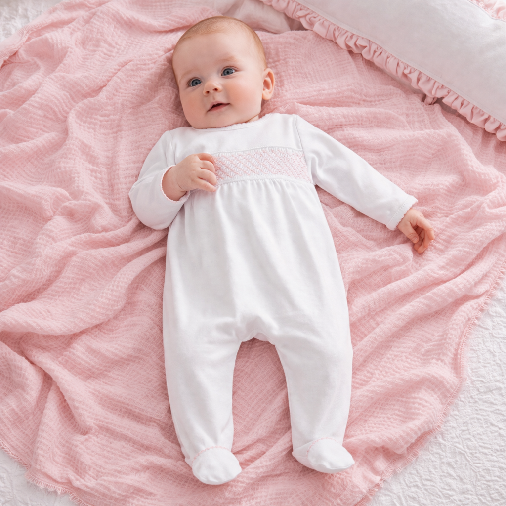 Essentials Smocked Footie with Pink Trim