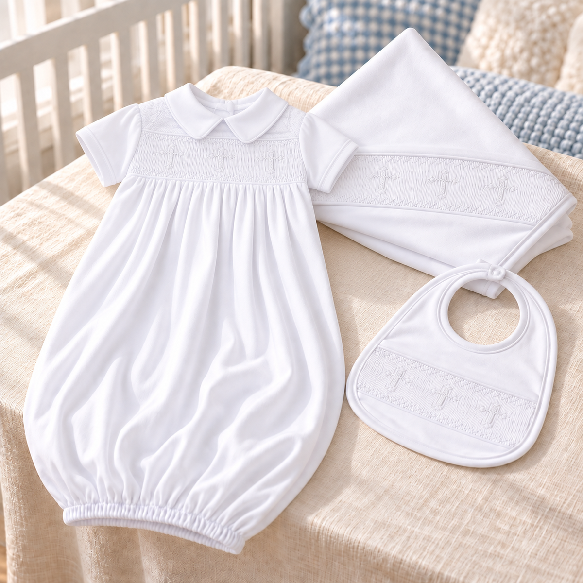 Baby Boy White Smocked Gown Gift Set - Forever Blessed
