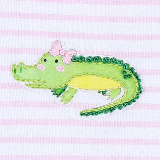 Alligator Friends Pink Embroidered Ruffle Footie