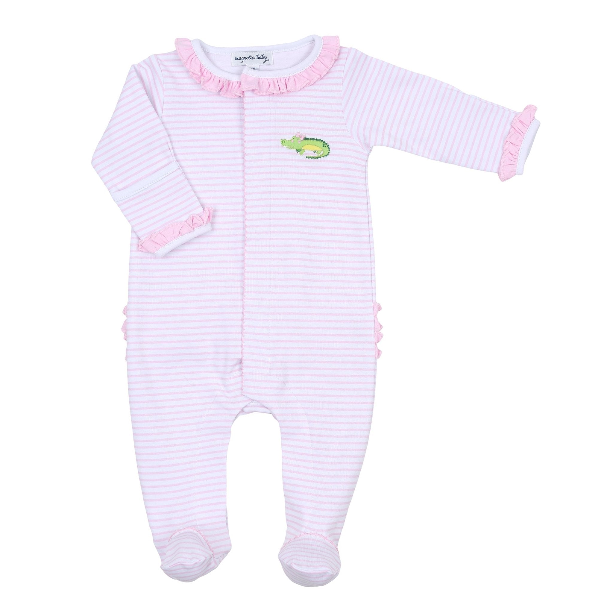 Alligator Friends Pink Embroidered Ruffle Footie