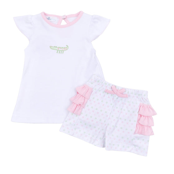 Alligator Pie Embroidered Ruffle Short Set - Pink - Magnolia BabyShort Set
