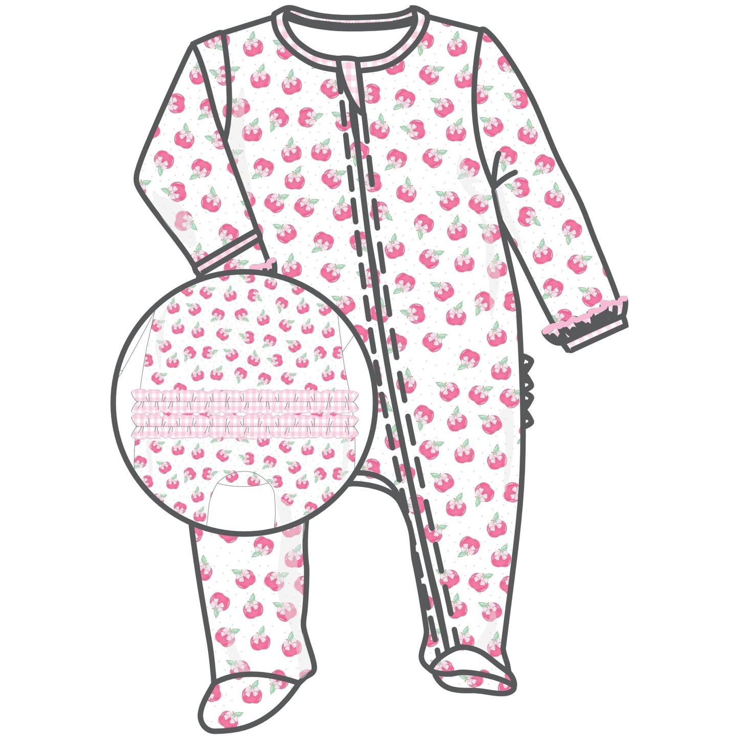 Apple of My Eye Print Ruffle Zip Footie - Magnolia BabyFootie