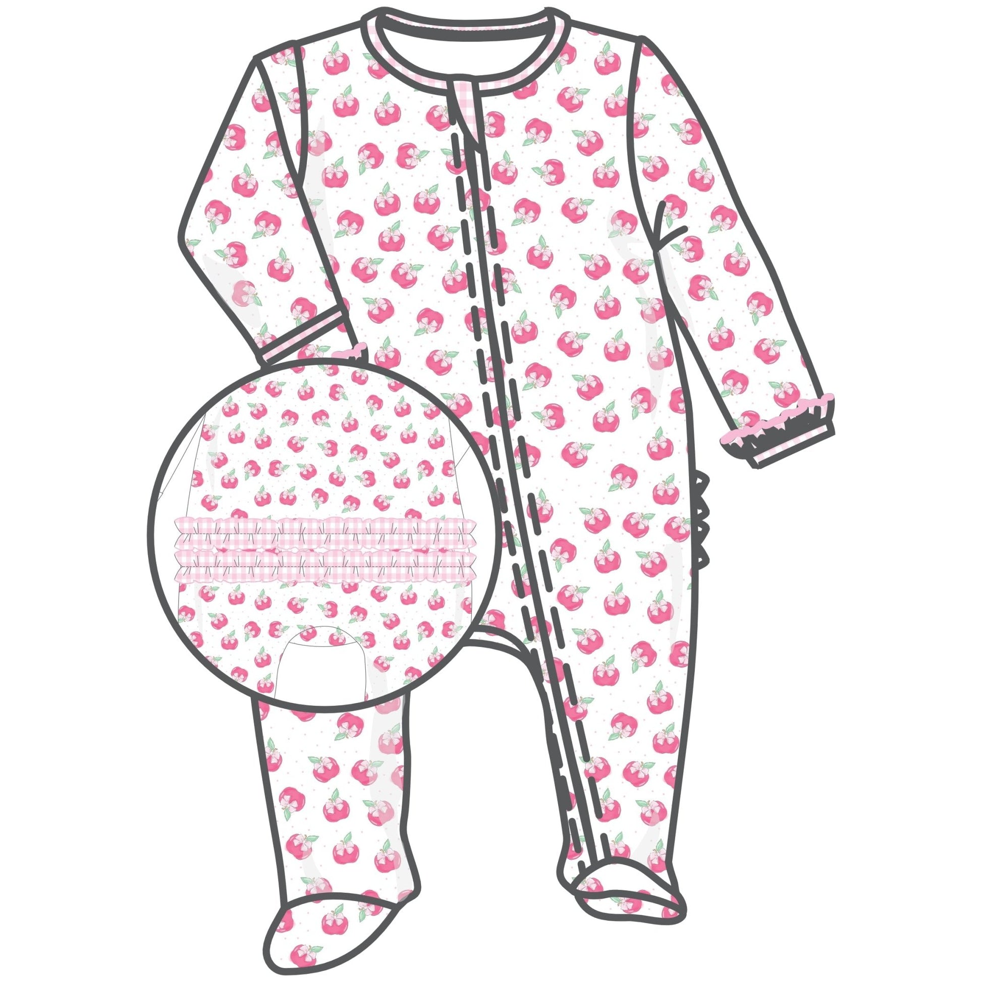 Apple of My Eye Print Ruffle Zip Footie - Magnolia BabyFootie