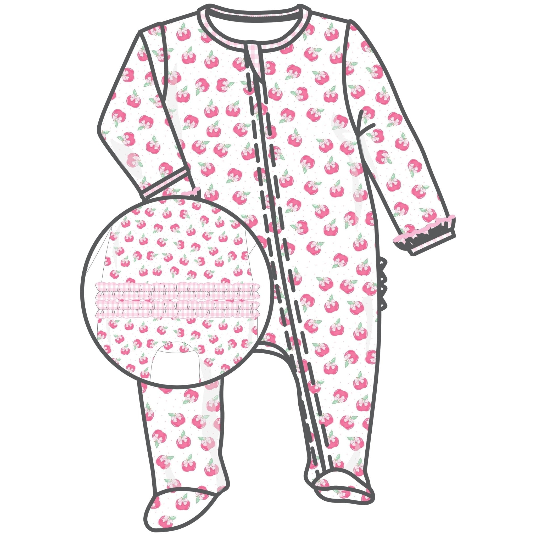 Apple of My Eye Print Ruffle Zip Footie - Magnolia BabyFootie