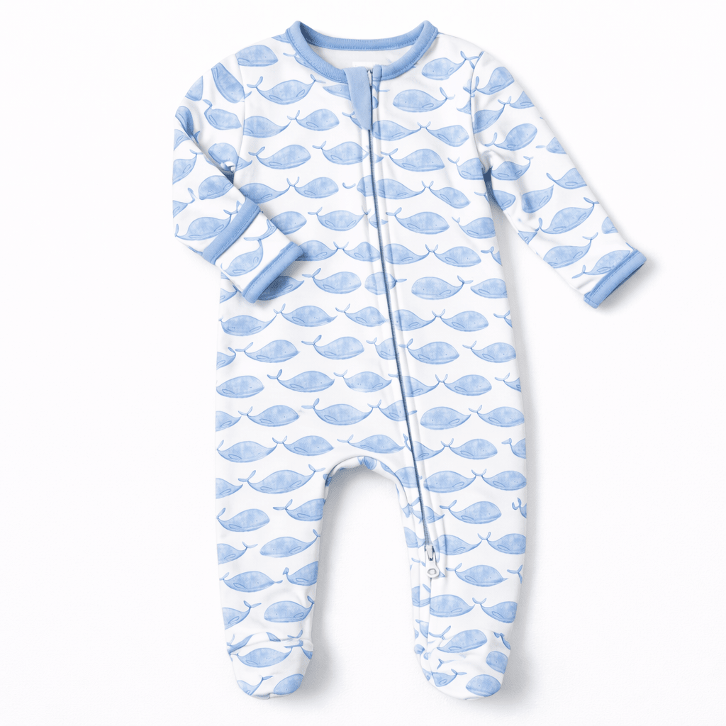 Azure Whales Print Zip Footie - Light Blue - Magnolia BabyFootie