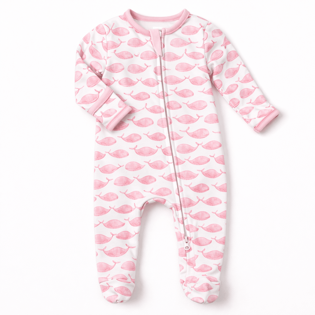 Azure Whales Print Zip Footie - Pink - Magnolia BabyFootie