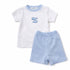 Baby outfit with white shirt and light blue shorts on a white background